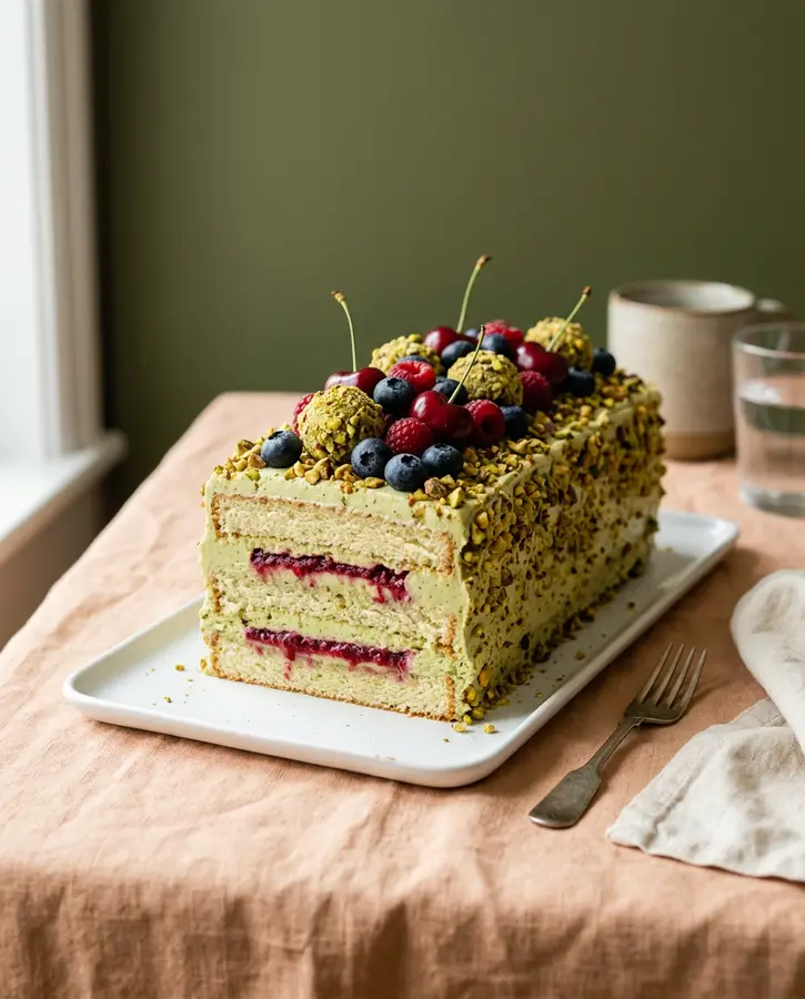 Bolo Pistache com Frutas Vermelhas